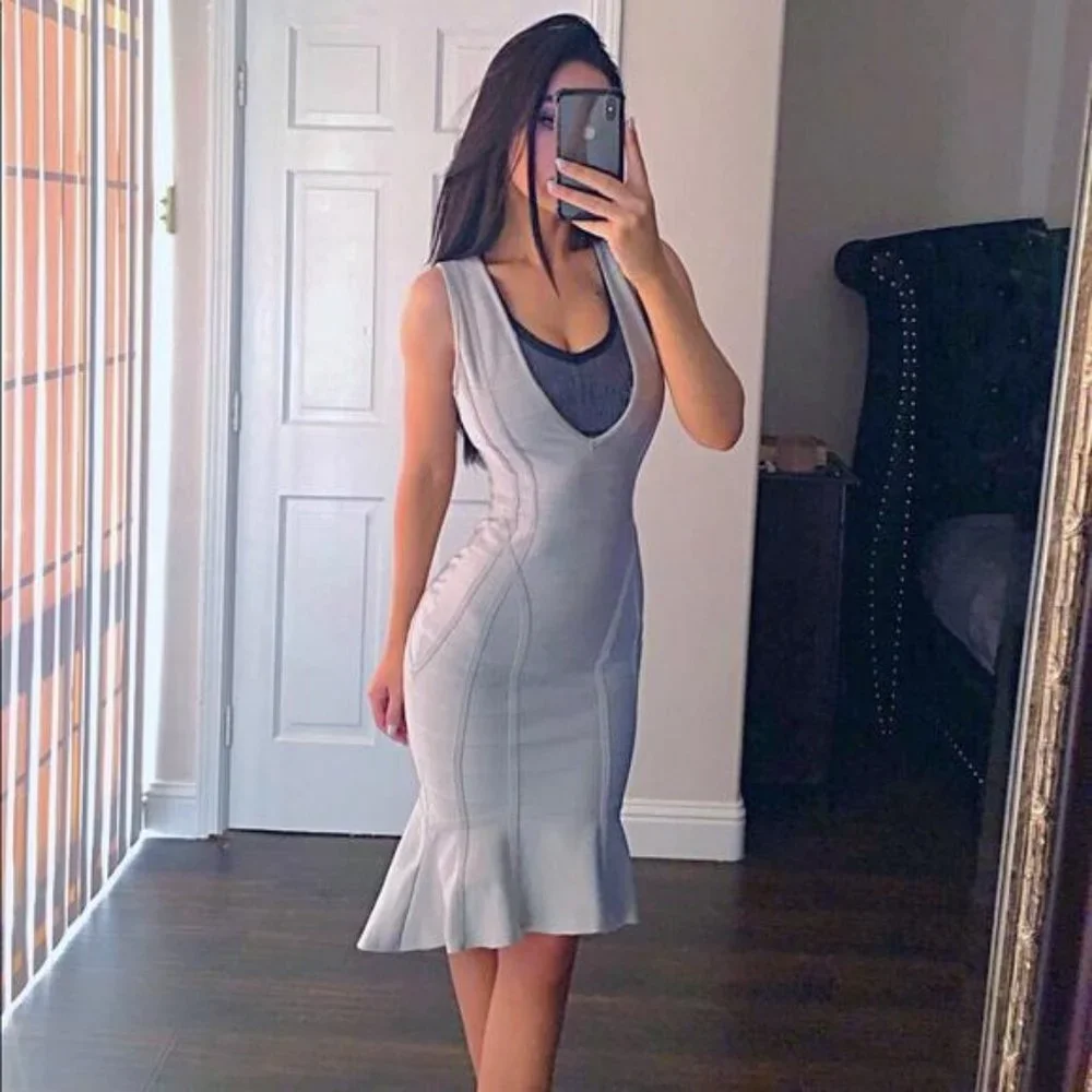 Missguided Gray Bandage Plunge Frill Hem Midi 👗 - Picture 6 of 6